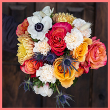 Load image into Gallery viewer, The Harvest Festival bouquet includes mixed stems of roses, anemone, delphinium, eryngium, chrysanthemums, bunny tail, and carnation!
