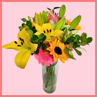The I Lily You bouquet includes mixed stems of lilies, sunflowers, gerbera daisies, alstroemeria, and brillantina! Please note that as flowers are a live product, colors, and varieties may slightly vary from the photos shown to provide you with the freshest and most beautiful bouquet.