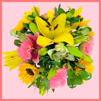 The I Lily You bouquet includes mixed stems of lilies, sunflowers, gerbera daisies, alstroemeria, and brillantina! Please note that as flowers are a live product, colors, and varieties may slightly vary from the photos shown to provide you with the freshest and most beautiful bouquet.