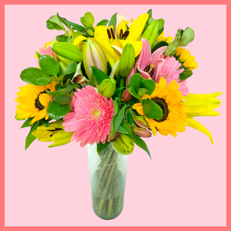 The I Lily You bouquet includes mixed stems of lilies, sunflowers, gerbera daisies, alstroemeria, and brillantina! Please note that as flowers are a live product, colors, and varieties may slightly vary from the photos shown to provide you with the freshest and most beautiful bouquet.
