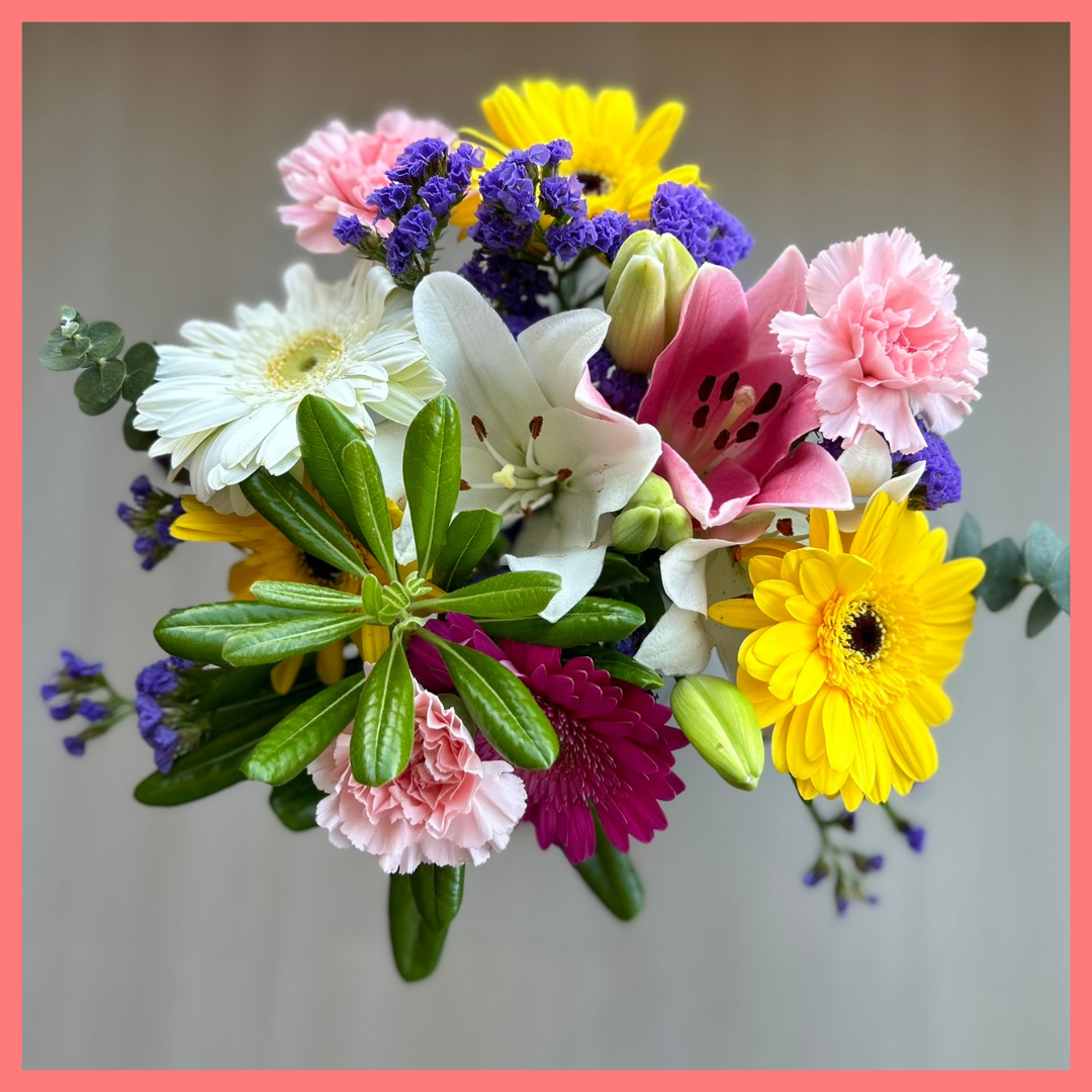 The Love To Love You bouquet includes mixed stems of eucalyptus, gerbera daisies, mini carnations, statice, and lilies! Please note that as flowers are a live product, colors and varieties may slightly vary from the photos shown to provide you with the freshest and most beautiful bouquet.