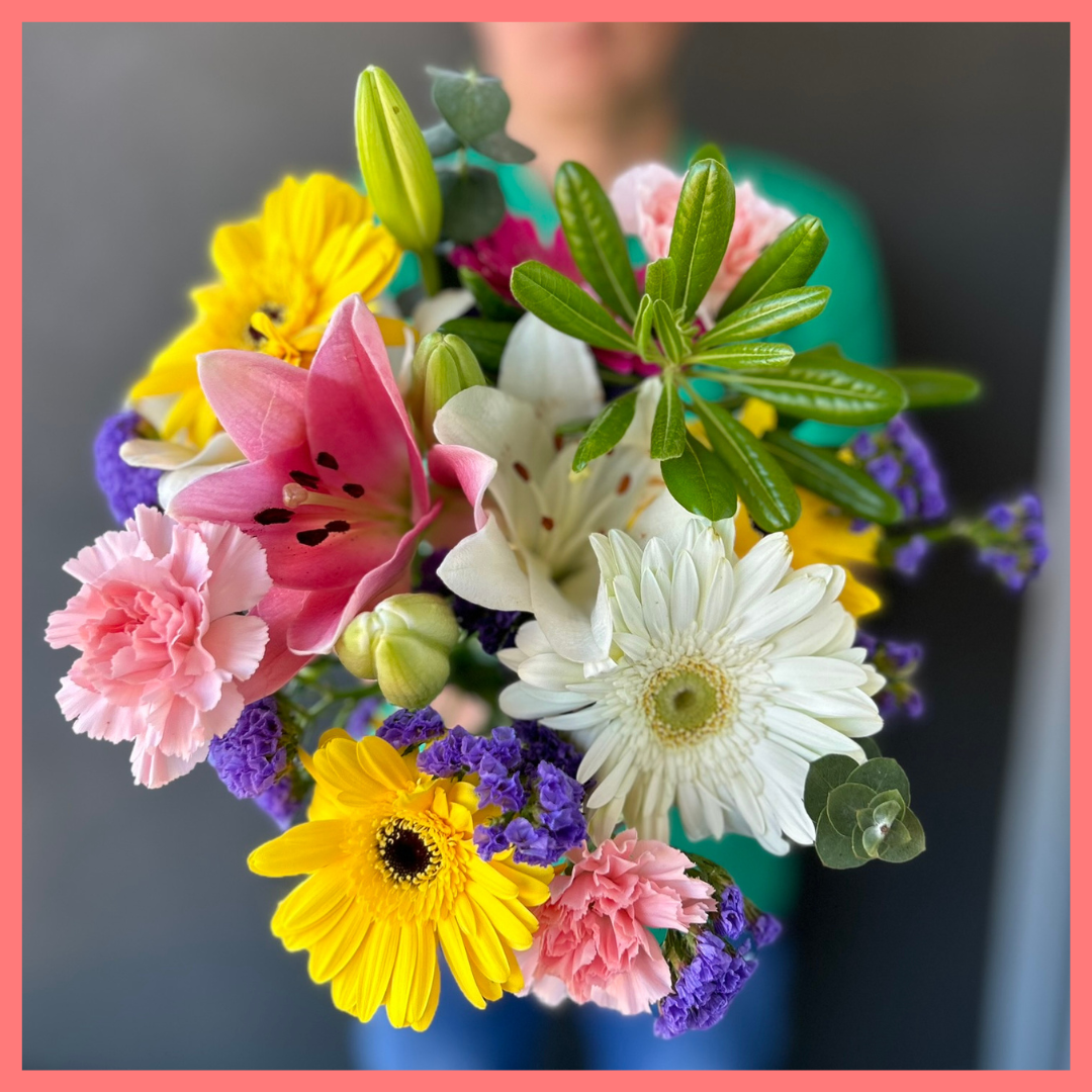 The Love To Love You bouquet includes mixed stems of eucalyptus, gerbera daisies, mini carnations, statice, and lilies! Please note that as flowers are a live product, colors and varieties may slightly vary from the photos shown to provide you with the freshest and most beautiful bouquet.