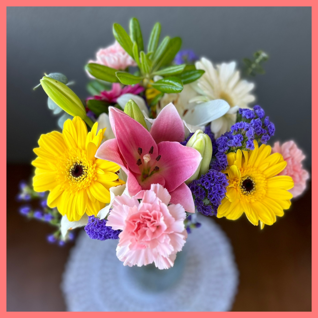 The Love To Love You bouquet includes mixed stems of eucalyptus, gerbera daisies, mini carnations, statice, and lilies! Please note that as flowers are a live product, colors and varieties may slightly vary from the photos shown to provide you with the freshest and most beautiful bouquet.