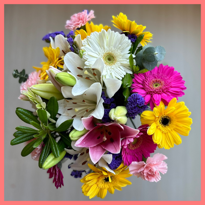 The Love To Love You bouquet includes mixed stems of eucalyptus, gerbera daisies, mini carnations, statice, and lilies! Please note that as flowers are a live product, colors and varieties may slightly vary from the photos shown to provide you with the freshest and most beautiful bouquet.
