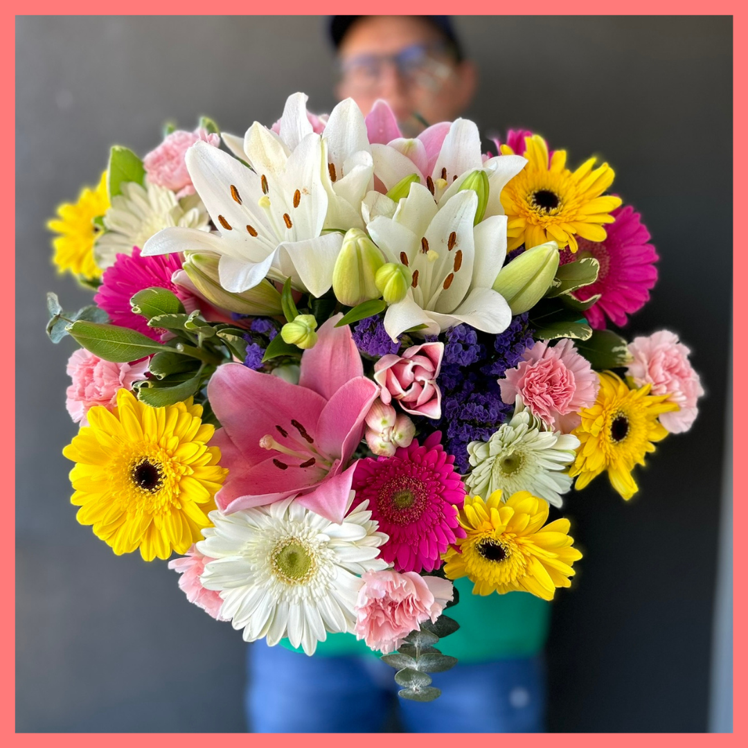 The Love To Love You bouquet includes mixed stems of eucalyptus, gerbera daisies, mini carnations, statice, and lilies! Please note that as flowers are a live product, colors and varieties may slightly vary from the photos shown to provide you with the freshest and most beautiful bouquet.