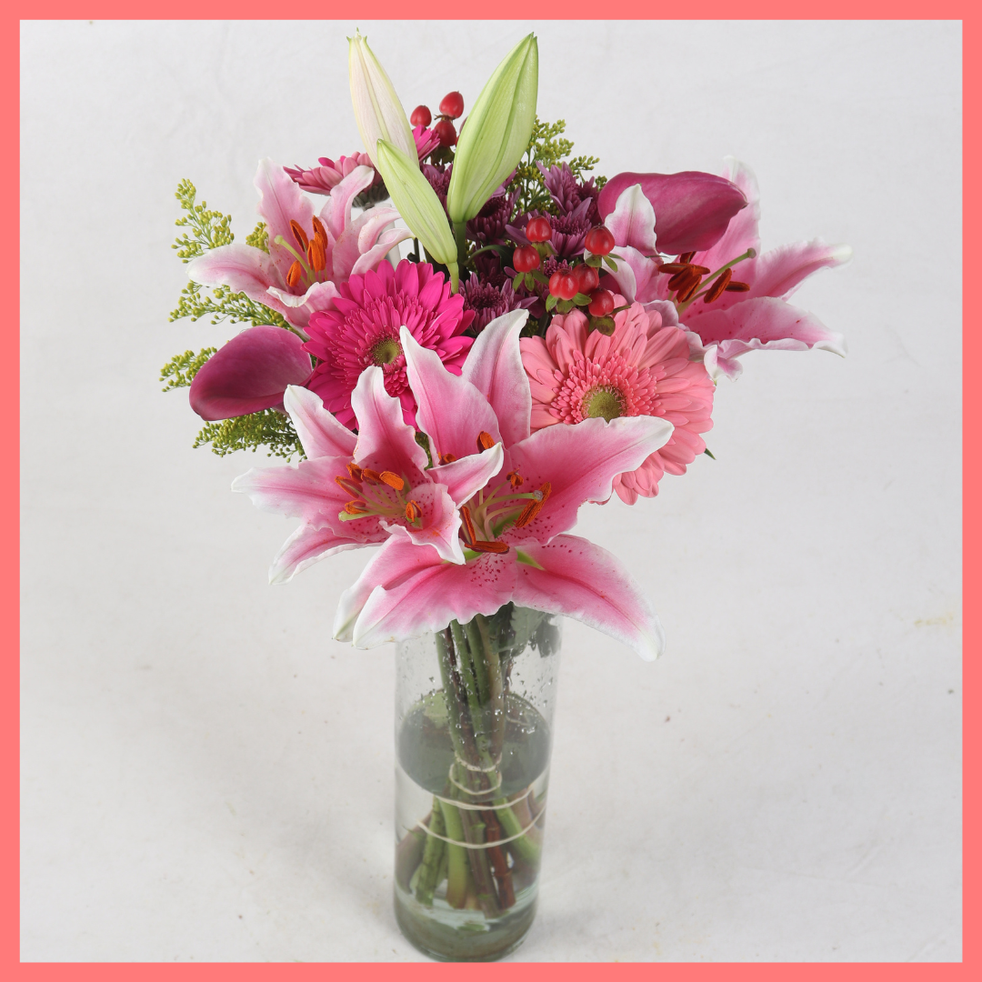 The My Romeo bouquet includes mixed stems of oriental lilies, gerbera daisies, pompons, hypericum, and aster! Please note that as flowers are a live product, colors, and varieties may slightly vary from the photos shown to provide you with the freshest and most beautiful bouquet.
