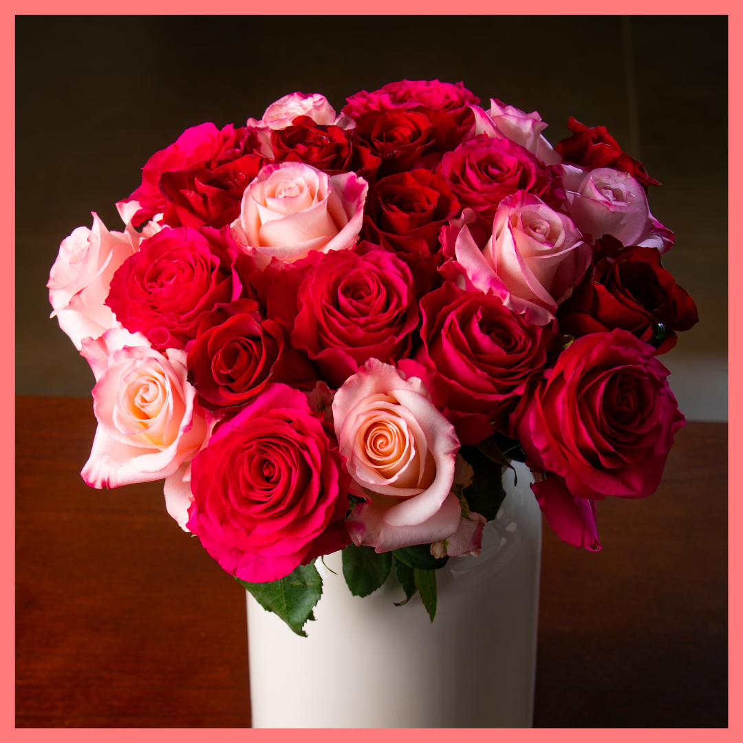 The Roses on Roses on Roses bouquet includes 24 stems of roses. Please note that as flowers are a live product, colors and varieties may slightly vary from the photos shown to provide you with the freshest and most beautiful bouquet.