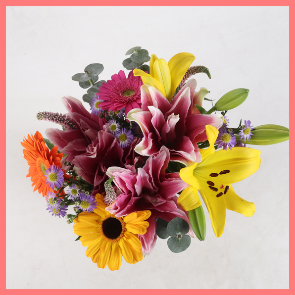 The Serenity bouquet includes mixed stems of rose lily, lily, gerbera, veronica, aster, and eucalyptus! Please note that as flowers are a live product, colors, and varieties may slightly vary from the photos shown to provide you with the freshest and most beautiful bouquet.