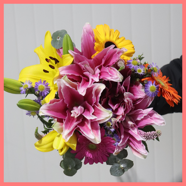 The Serenity bouquet includes mixed stems of rose lily, lily, gerbera, veronica, aster, and eucalyptus! Please note that as flowers are a live product, colors, and varieties may slightly vary from the photos shown to provide you with the freshest and most beautiful bouquet.
