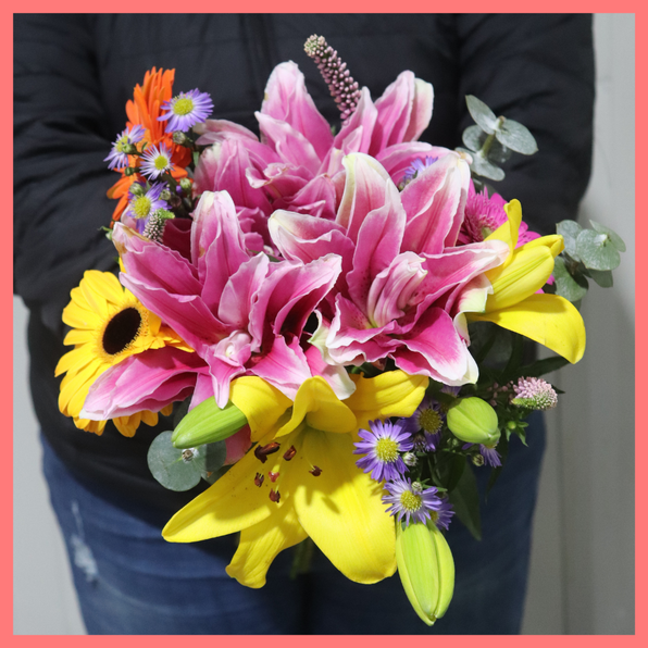 The Serenity bouquet includes mixed stems of rose lily, lily, gerbera, veronica, aster, and eucalyptus! Please note that as flowers are a live product, colors, and varieties may slightly vary from the photos shown to provide you with the freshest and most beautiful bouquet.