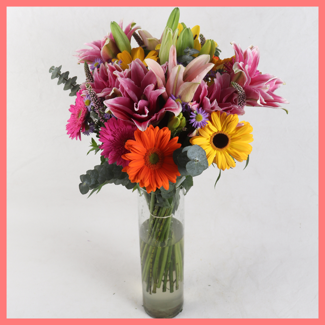 The Serenity bouquet includes mixed stems of rose lily, lily, gerbera, veronica, aster, and eucalyptus! Please note that as flowers are a live product, colors, and varieties may slightly vary from the photos shown to provide you with the freshest and most beautiful bouquet.