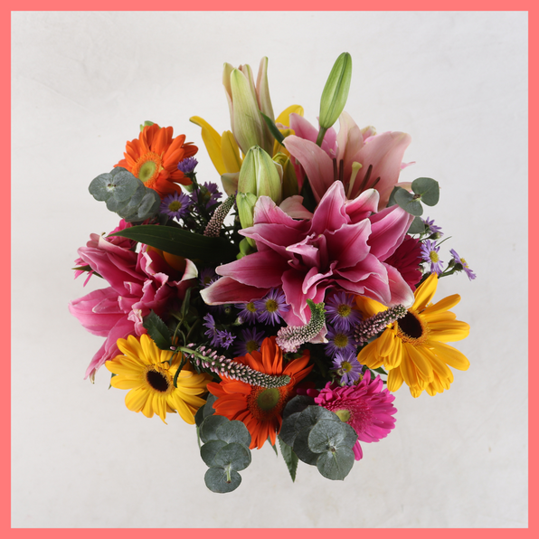 The Serenity bouquet includes mixed stems of rose lily, lily, gerbera, veronica, aster, and eucalyptus! Please note that as flowers are a live product, colors, and varieties may slightly vary from the photos shown to provide you with the freshest and most beautiful bouquet.