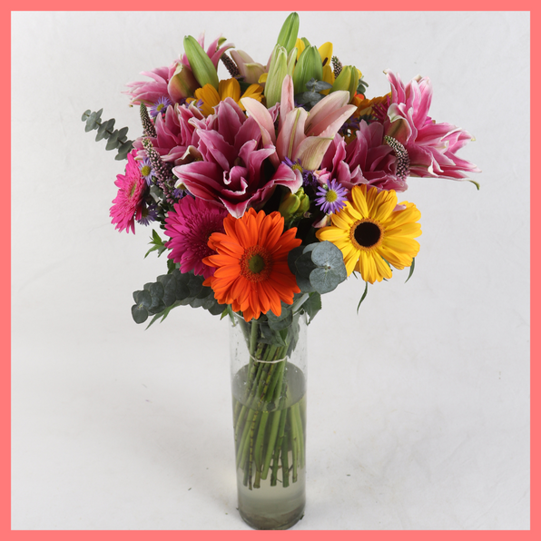 The Serenity bouquet includes mixed stems of rose lily, lily, gerbera, veronica, aster, and eucalyptus! Please note that as flowers are a live product, colors, and varieties may slightly vary from the photos shown to provide you with the freshest and most beautiful bouquet.