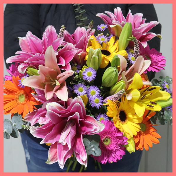 The Serenity bouquet includes mixed stems of rose lily, lily, gerbera, veronica, aster, and eucalyptus! Please note that as flowers are a live product, colors, and varieties may slightly vary from the photos shown to provide you with the freshest and most beautiful bouquet.