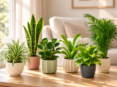 Five houseplants in pastel ceramic planters on a sideboard in a bright living room