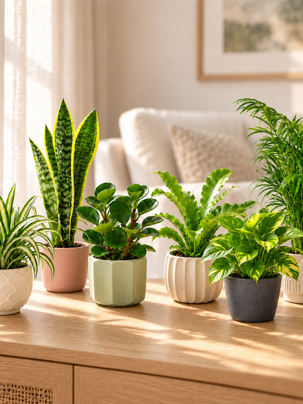 Five houseplants in pastel ceramic planters on a sideboard in a bright living room