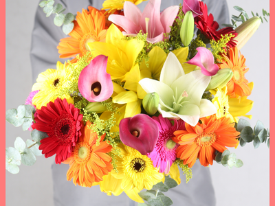 The Summer Breeze bouquet includes mixed stems of eucalyptus, lilies, gerbera daisies, mini calla lilies, and aster! Please note that as flowers are a live product, colors, and varieties may slightly vary from the photos shown to provide you with the freshest and most beautiful bouquet.