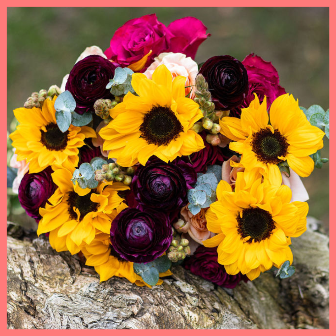The Thankful For You bouquet includes mixed stems of roses, ranunculus, sunflowers, snapdragon, and eucalyptus. Please note that as flowers are a live product, colors and varieties may slightly vary from the photos shown to provide you with the freshest and most beautiful bouquet.