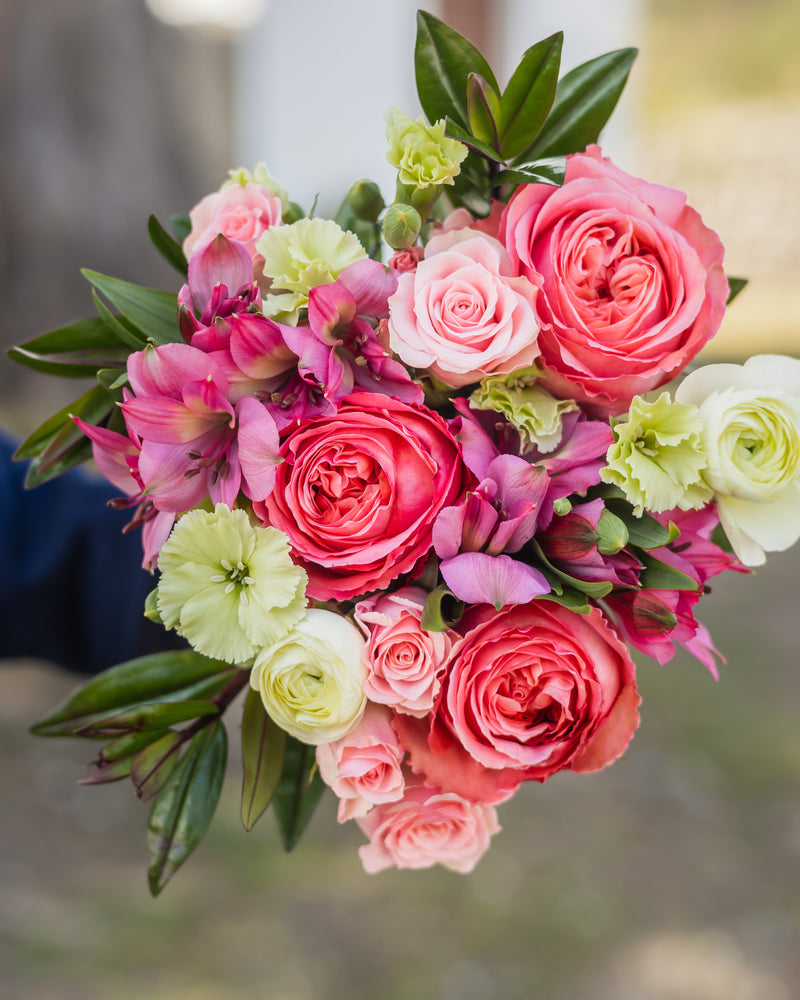 Thinking of You flower bouquet with roses, spray roses, solomio, alstroemeria, hebes, and ranunculus