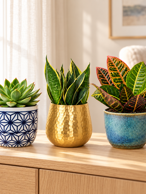 Succulent, snake plant and croton in blue, gold and teal decorative planters