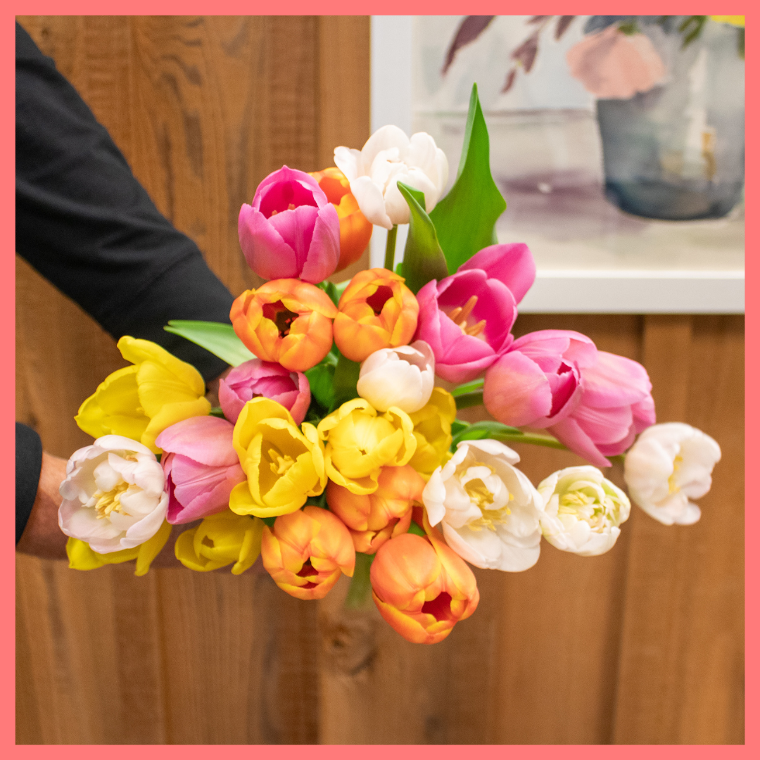 The Totally Tulips bouquet includes mixed stems of colorful California-grown tulips! Please note that as flowers are a live product, colors and varieties may vary from the photos shown to provide you with the freshest, most seasonal, and most beautiful bouquet.