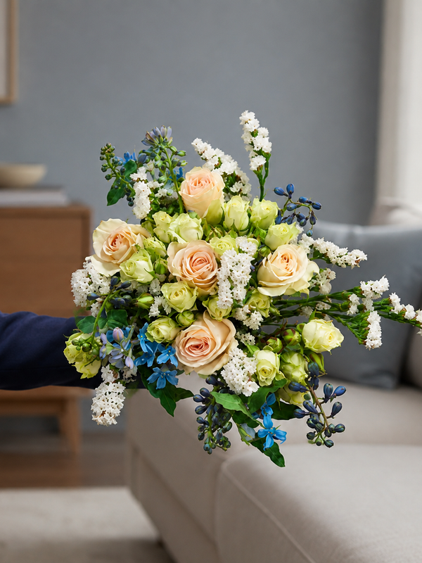 Bouquet of peach roses, cream spray roses, white statice and blue tweedia held out in a living room