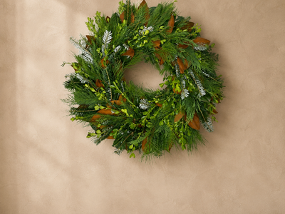 Classic Evergreen fresh wreath of boxwood, magnolia, Leyland cypress, pine, and Fraser fir on a plaster wall above a wood bench