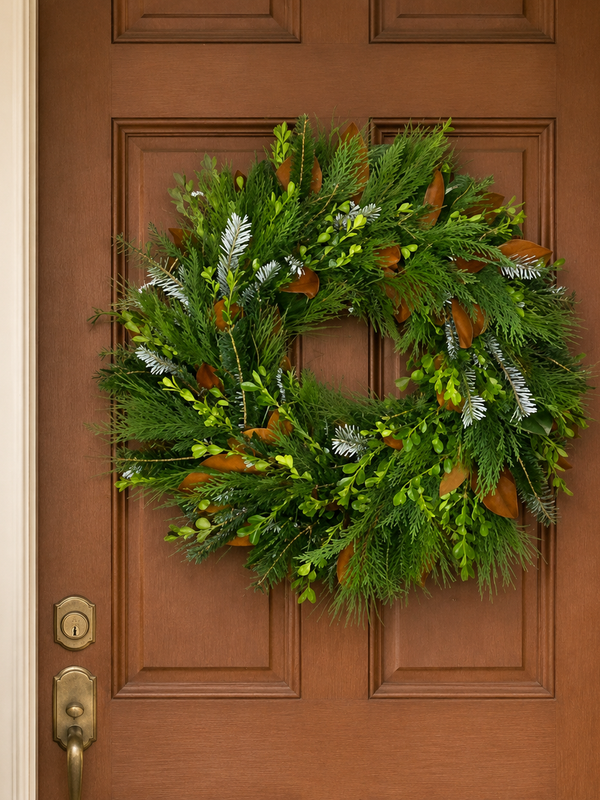 Classic Evergreen fresh wreath of mixed greenery and magnolia leaves hanging on a wood front door in winter