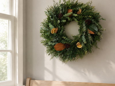 Home for the Holidays wreath styled on a sunlit bedroom wall above a wood headboard