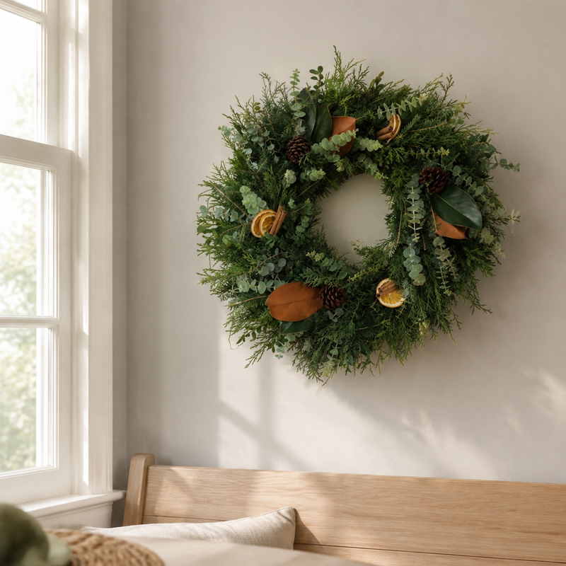Home for the Holidays wreath styled on a sunlit bedroom wall above a wood headboard