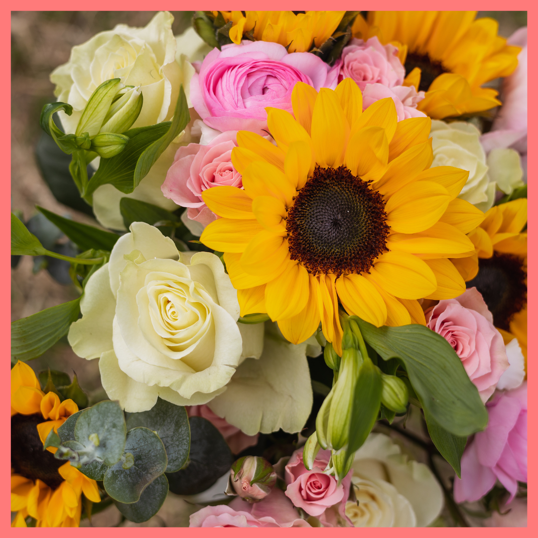 Order the I've Got Sunshine flower bouquet! The bouquet includes mixed stems of sunflowers, eucalyptus, roses, spray roses, solomio, ranunculus, and alstroemeria. Please note that as flowers are a live product, colors and varieties may slightly vary from the photos shown to provide you with the freshest and most beautiful bouquet.