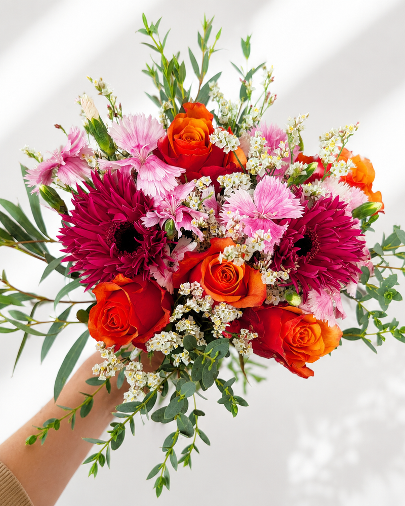 Just For You flower bouquet with roses, solomio, limonium, gerbera daisies, and eucalyptus