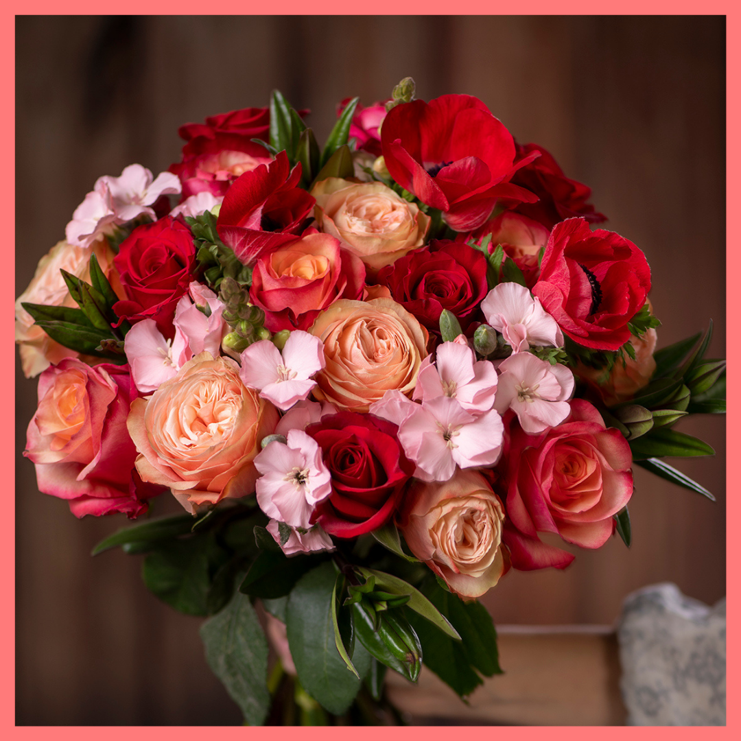 The Oh My Darling bouquet includes mixed stems of roses, anemone, snapdragon, solomio, delphinium, and hebes. Please note that as flowers are a live product, colors and varieties may slightly vary from the photos shown to provide you with the freshest and most beautiful bouquet.