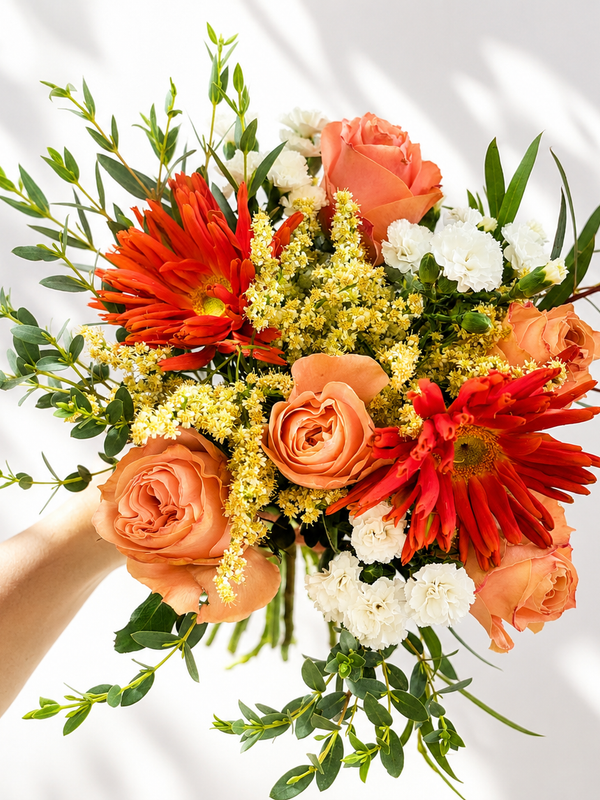 Hand holding orange roses and red gerbera daisies with white accents