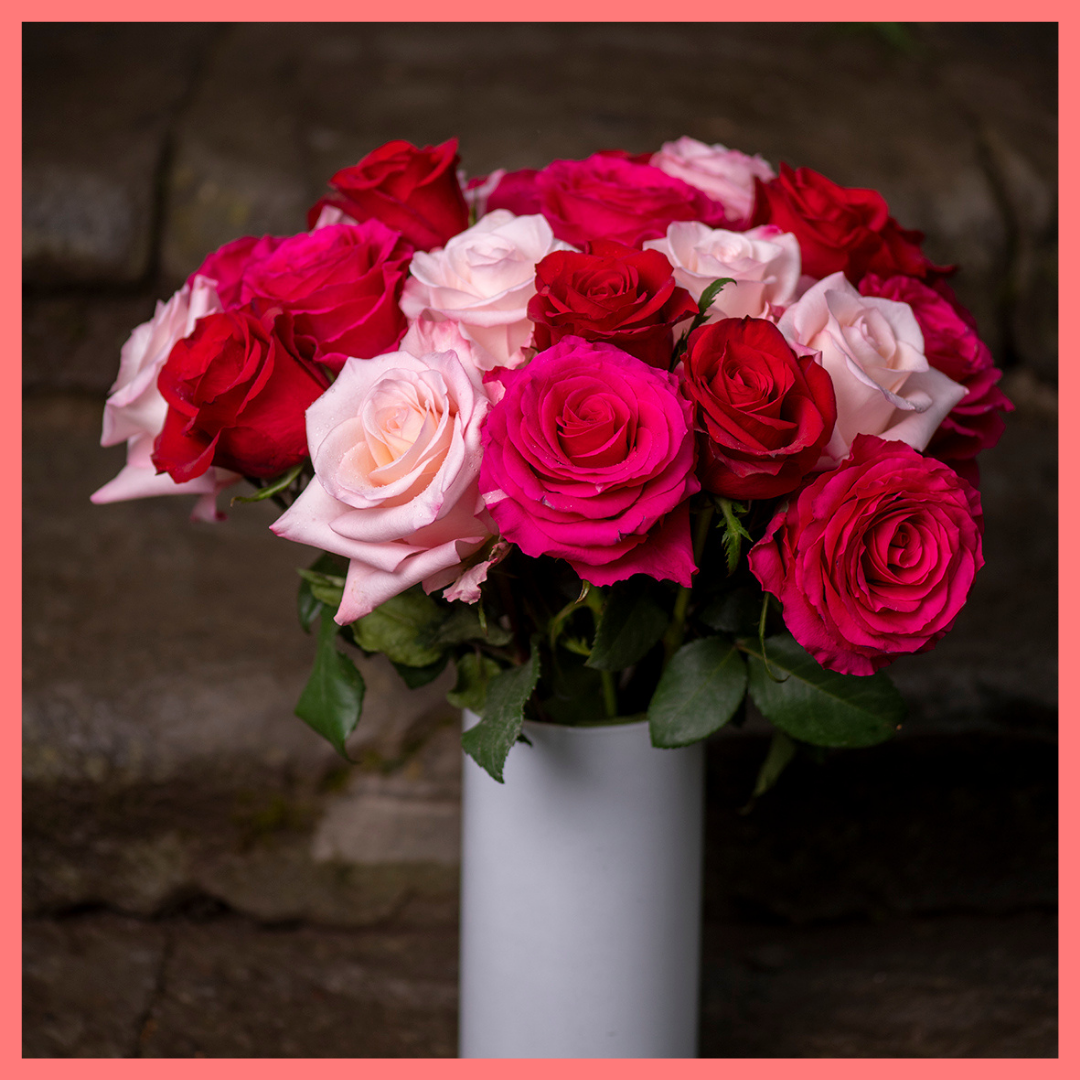 The Roses on Roses on Roses Valentine's Day rose bouquet includes 24 stems of roses. Please note that as flowers are a live product, colors and varieties may slightly vary from the photos shown to provide you with the freshest and most beautiful bouquet.