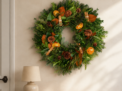 Spice Up the Holidays wreath styled on a plaster wall above a wood console with a lamp