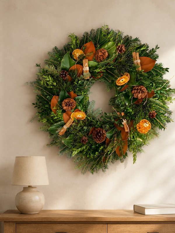 Spice Up the Holidays wreath styled on a plaster wall above a wood console with a lamp
