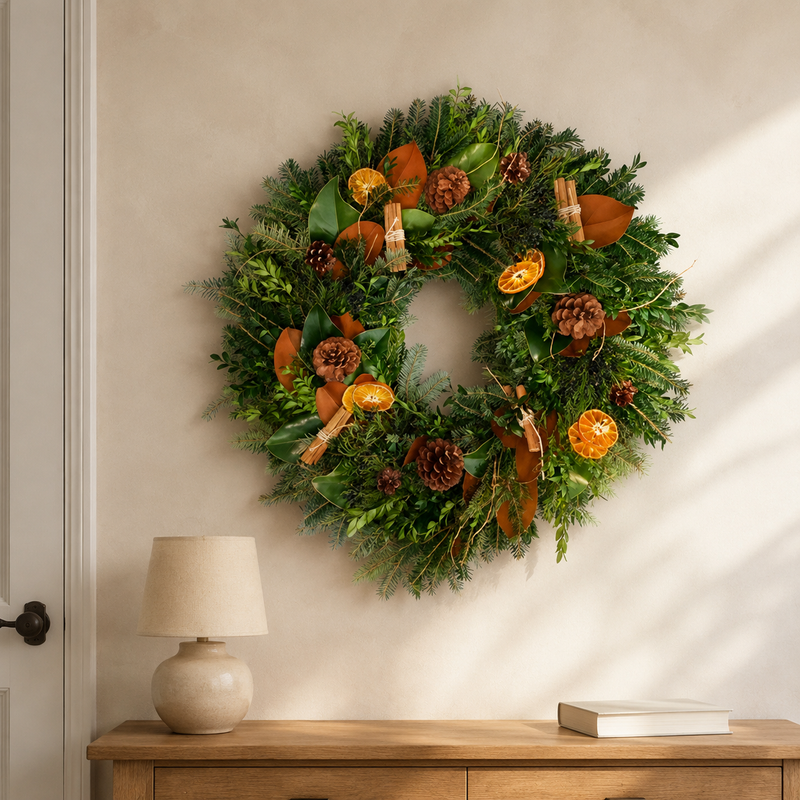 Spice Up the Holidays wreath styled on a plaster wall above a wood console with a lamp