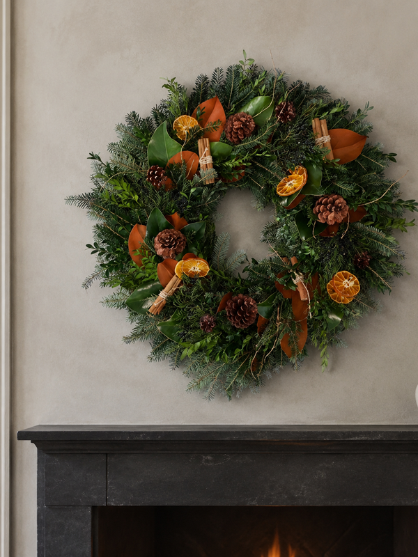 Spice Up the Holidays wreath above a black marble fireplace, with fir, boxwood, magnolia, dried orange slices, cinnamon-stick bundles, and pinecones