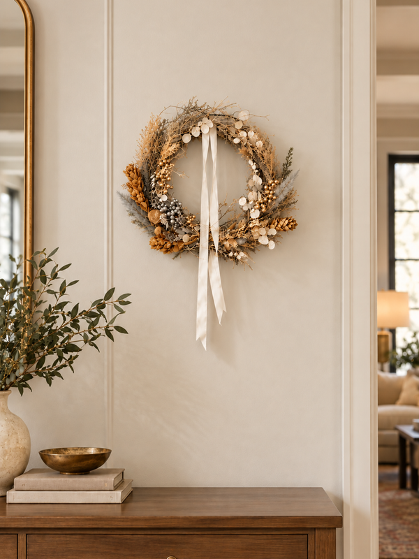 The Starlight Wreath, a dried wreath of gold and silver botanicals with a long cream ribbon, hanging on a paneled wall above a wood dresser