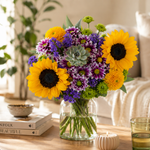 Summer Love flower bouquet with sunflowers, succulent, and purple statice in a vase