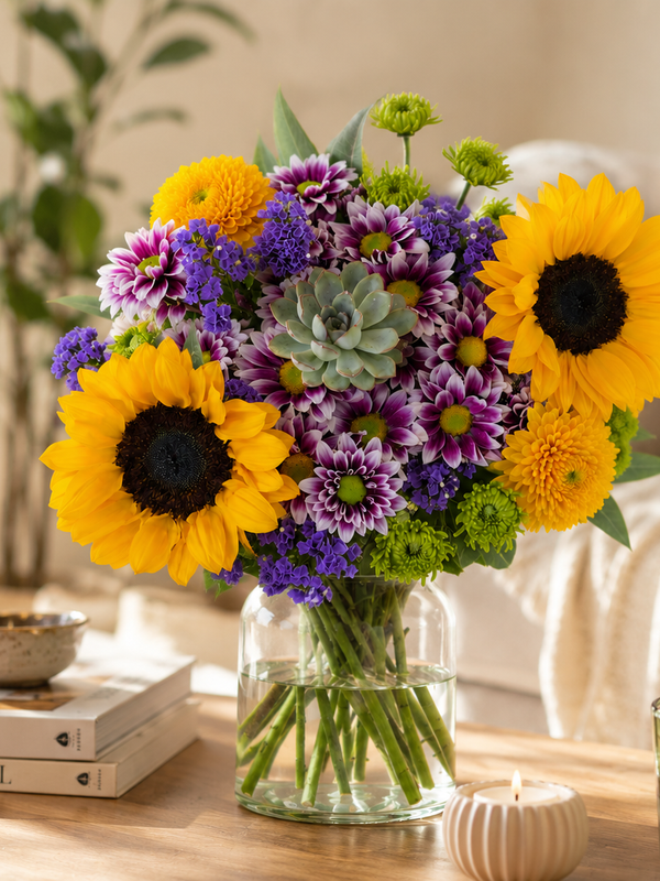 Summer Love flower bouquet with sunflowers, succulent, and purple statice in a vase