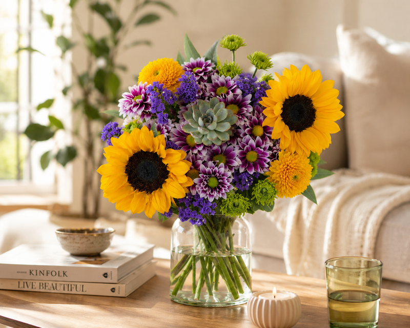 Summer Love flower bouquet with sunflowers, succulent, and purple statice in a vase
