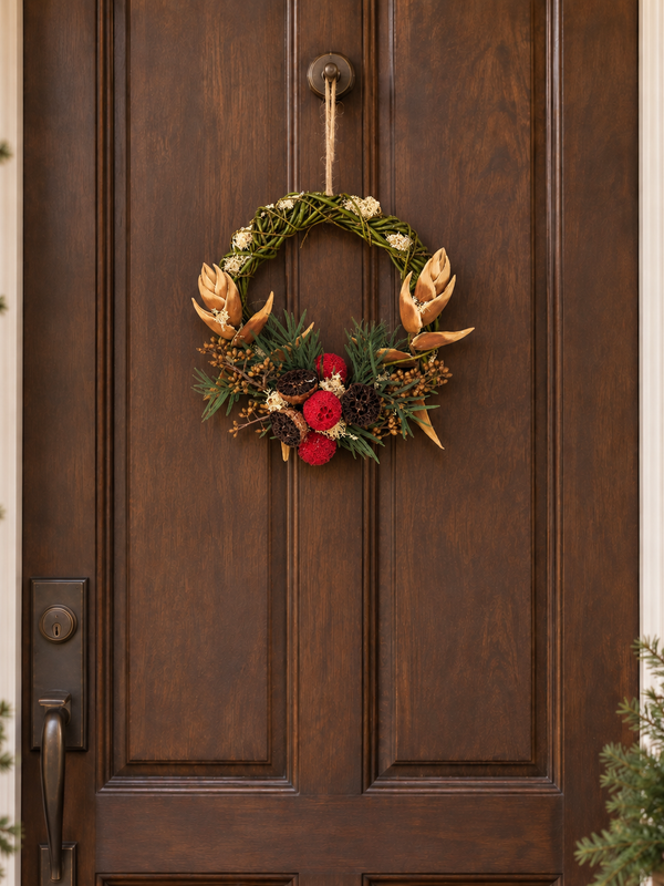 The Bronze Willow Wreath hanging on a dark wood front door