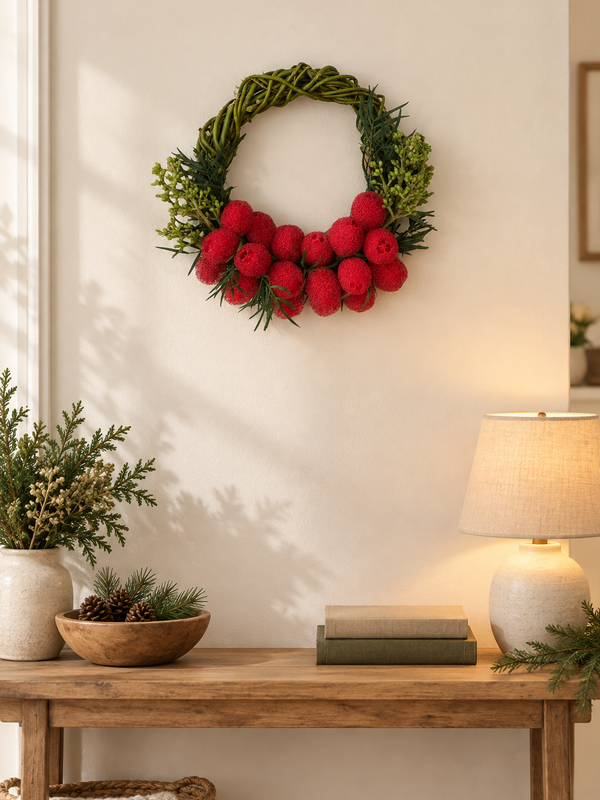 The Cranberry Willow Wreath styled on a wall above a console table