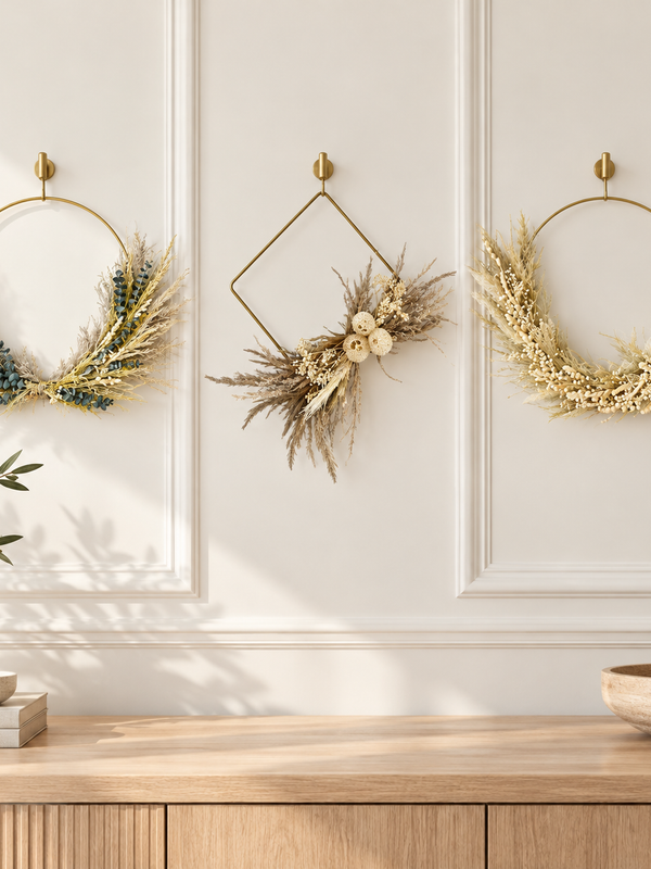 The Gilded Wings Trio, three gold wing-style wreaths, styled on a cream paneled wall