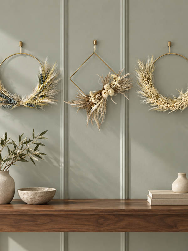 The Gilded Wings Trio, three gold wing-style wreaths, styled on a sage green paneled wall