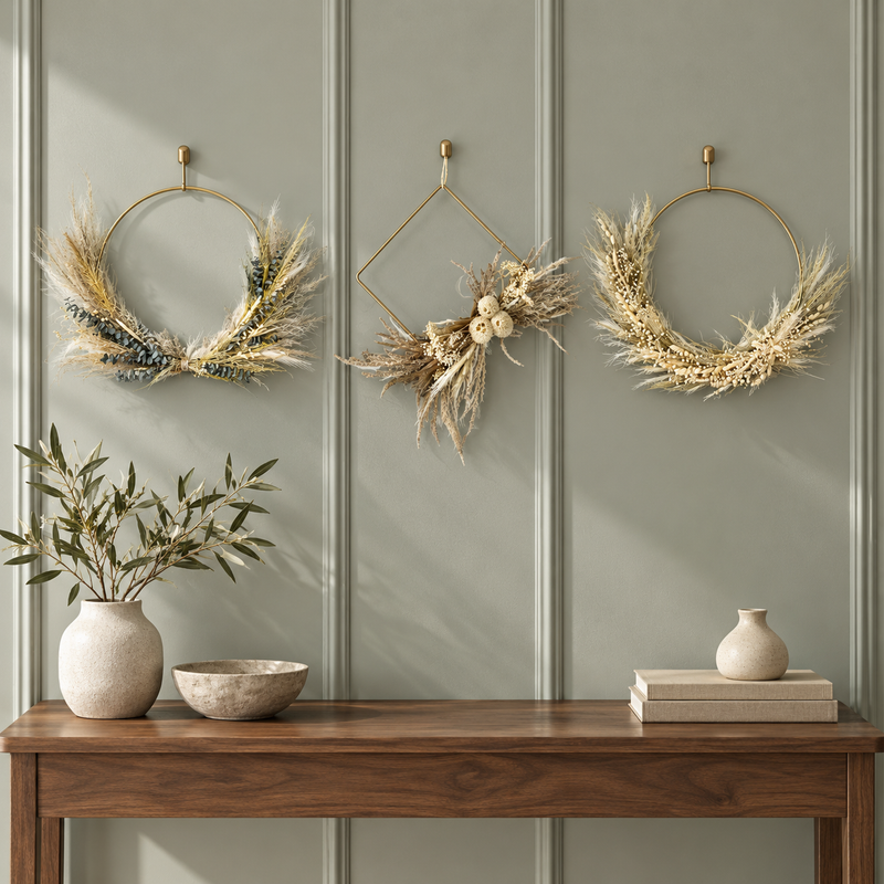 The Gilded Wings Trio, three gold wing-style wreaths, styled on a sage green paneled wall