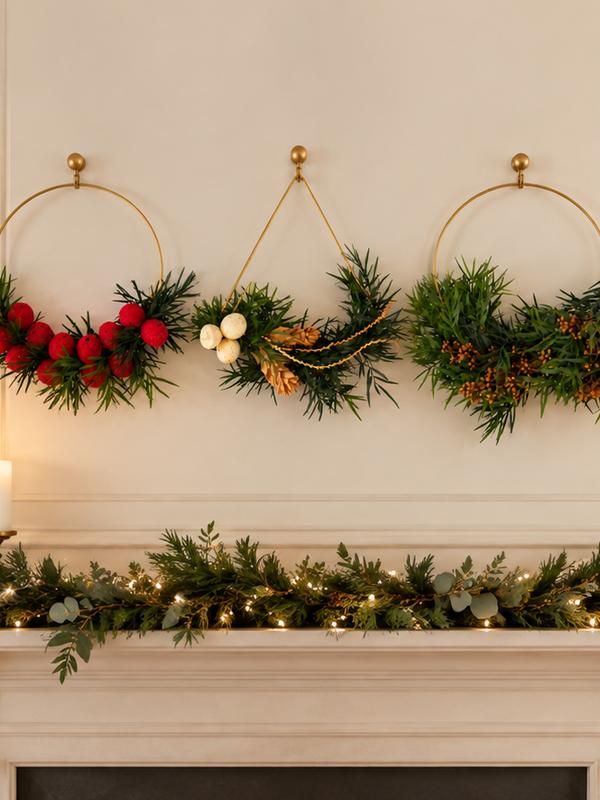 The Golden Hoops Trio, three gold ring wreaths with greenery and red, cream, and gold accents, hung above a garland-draped fireplace mantel