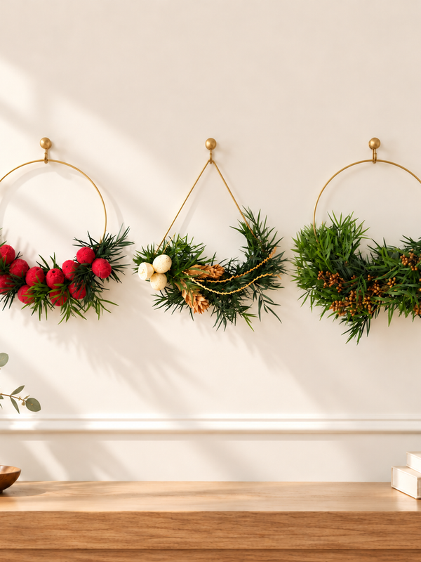 The Golden Hoops Trio, three gold ring wreaths, styled on a wall